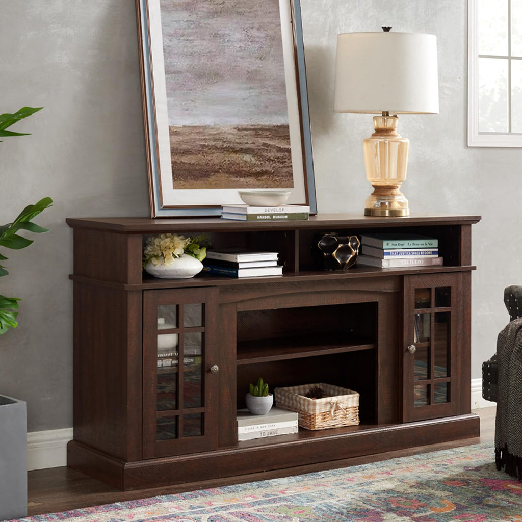 Traditional 58'' TV Console, Entertainment Center Table with Open Shelves and Farmhouse Glass Door Media TV Cabinet