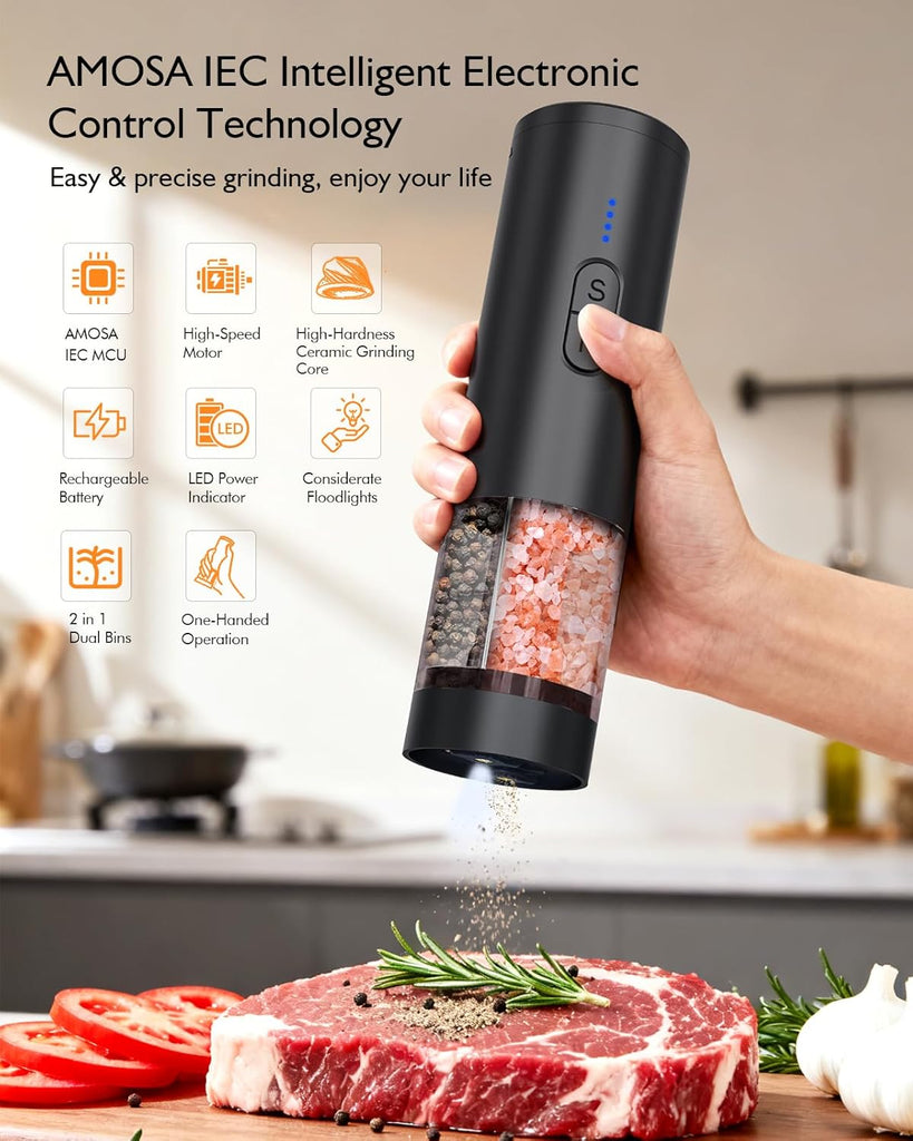 Electric Salt and Pepper Grinder Set, 2 in 1 Dual Bins USB Rechargeable