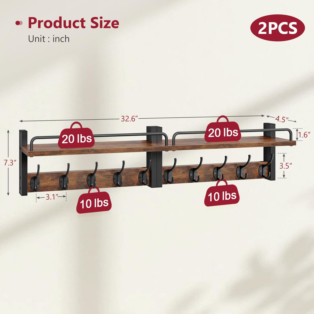 32.6"(16.3"*2) Wall Hooks with Shelf and Guardrail, Rustic Brown