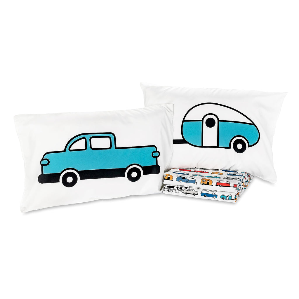 Camper & RV Queen Sheet Set - Features Travel Trailer Print Design - Crafted of Soft Machine Washable Polyester - 4