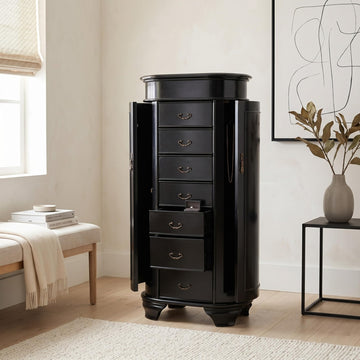 Daley Oval Jewelry Armoire, Stylish Standing Organizer with Mirror, 7 Drawers, 20 Necklace Hooks, Anti-Tarnish