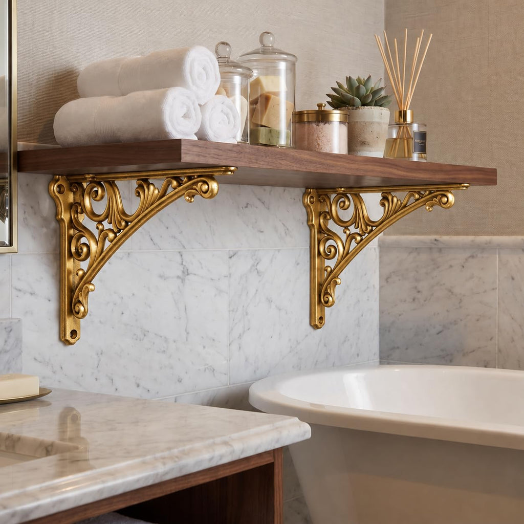 Shelf Bracket 12 Inch, Decorative Brackets for Shelving, Heavy Duty Vintage Brass Ornate Shelf Bracket, Hardware