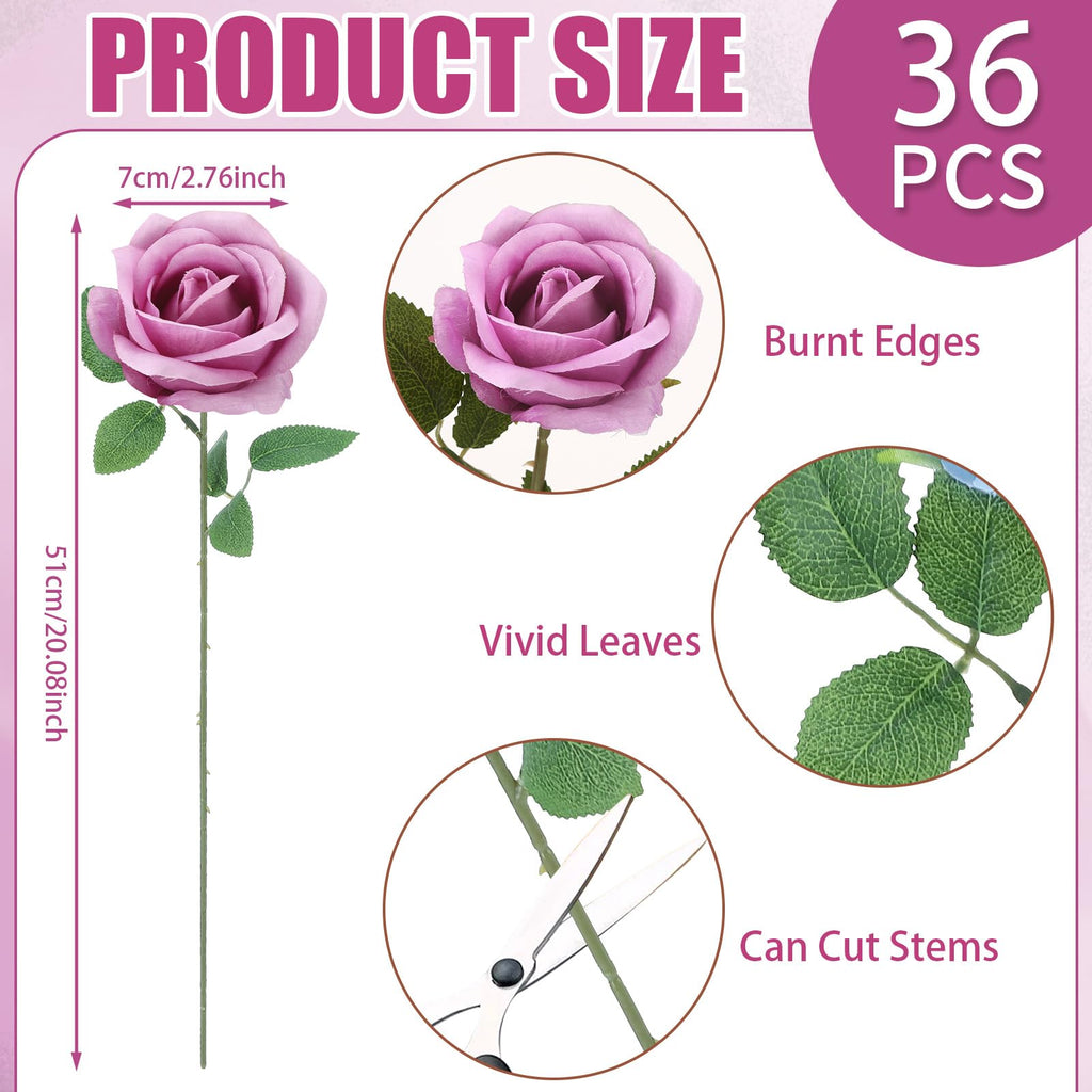 36 Pcs Lilac Purple Artificial Roses with Long Stems
