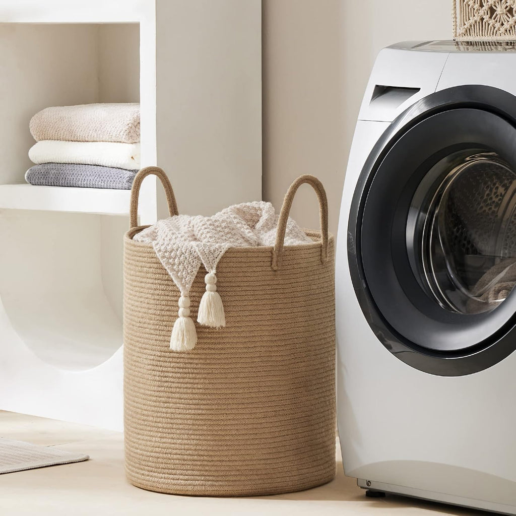 Jute Rope Laundry Hamper Basket, 58L Blanket Basket | Large Woven Laundry Hamper with Sturdy Handles, Collapsible