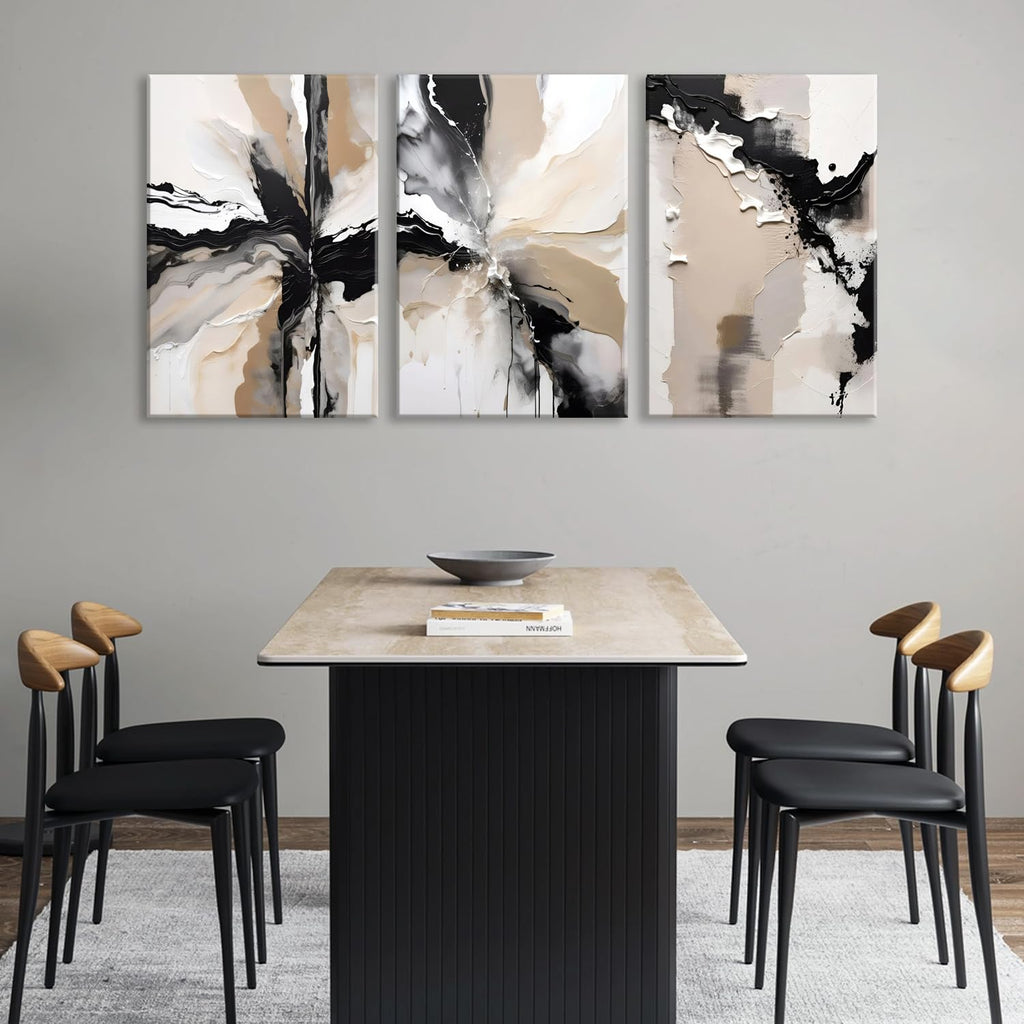 Framed Black and Brown Abstract Geometric Canvas Wall Art Modern Grey White Beige Print Poster Set of 3 Painting