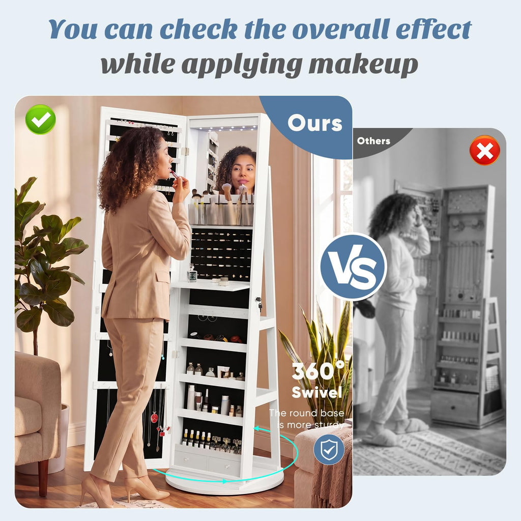 360° Swivel Jewelry Cabinet with Light, Lockable Full Length Mirror