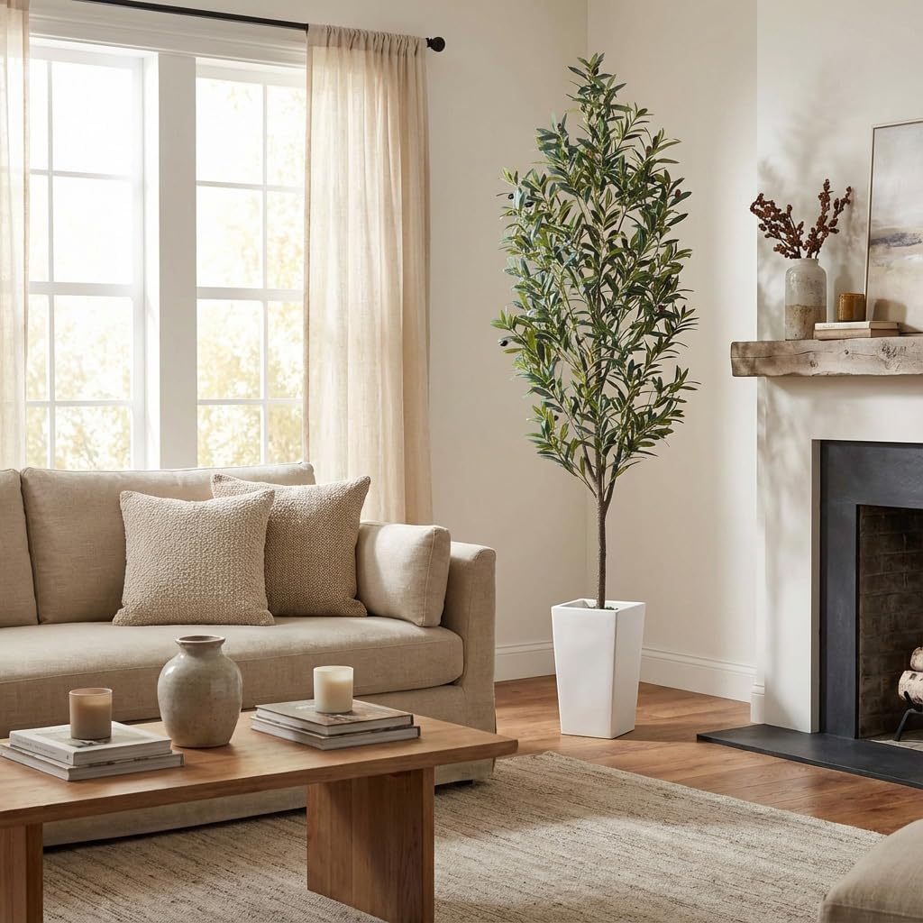 7ft Artificial Olive Tree Decor, 7 Feet Large Faux Plant Fake Skinny Silk Trees with Pot for Indoor Outdoor House