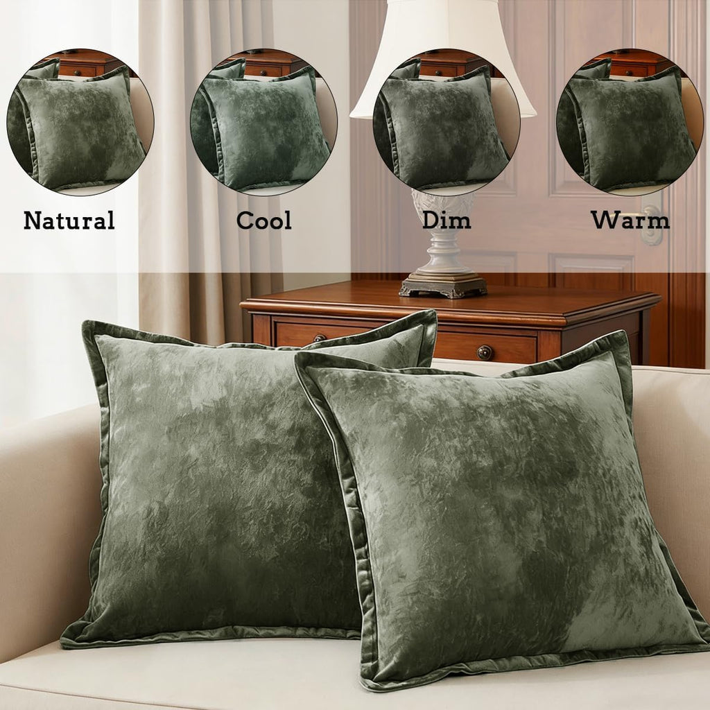 Luxurious Velvet Euro Shams Decorative Throw Pillow Covers 26x26 Set of 2 Solid Square Euro Pillow Shams, Army Green