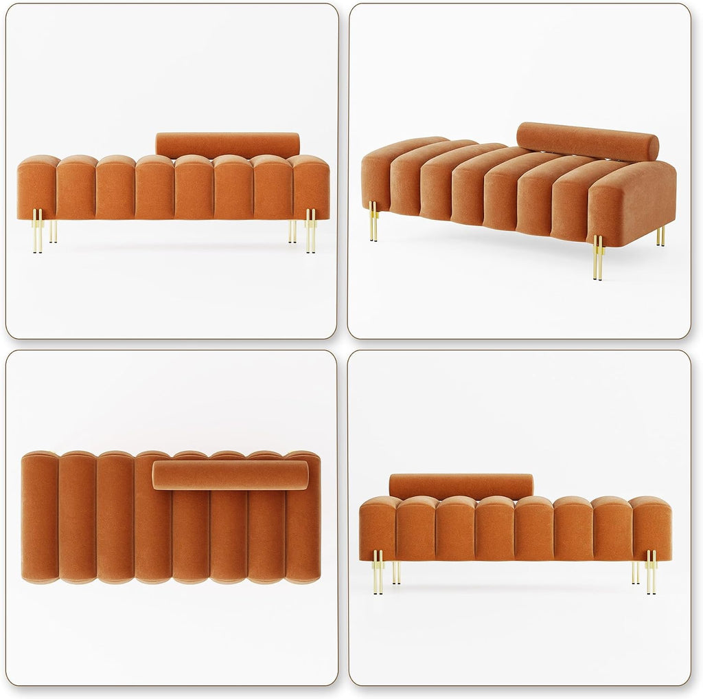 52" Velvet Bench Bedroom Ottoman Bench with Adjustable Back, Orange