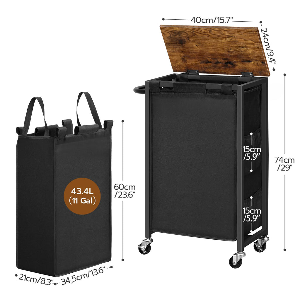 Slim Laundry Hamper with Lid, 11Gal Rolling Laundry Basket with Wheels, Laundry Sorter with Side Pockets and Handle