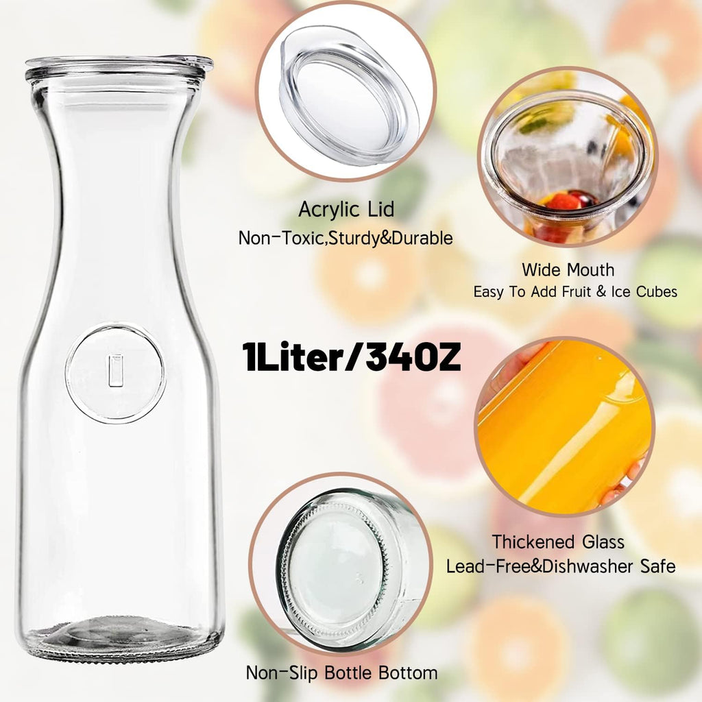 Set Of 4 Glass Carafes & Pitchers For Mimosa Bar Supplies, 1 Liter Beverage Glass Carafe With Lids For
