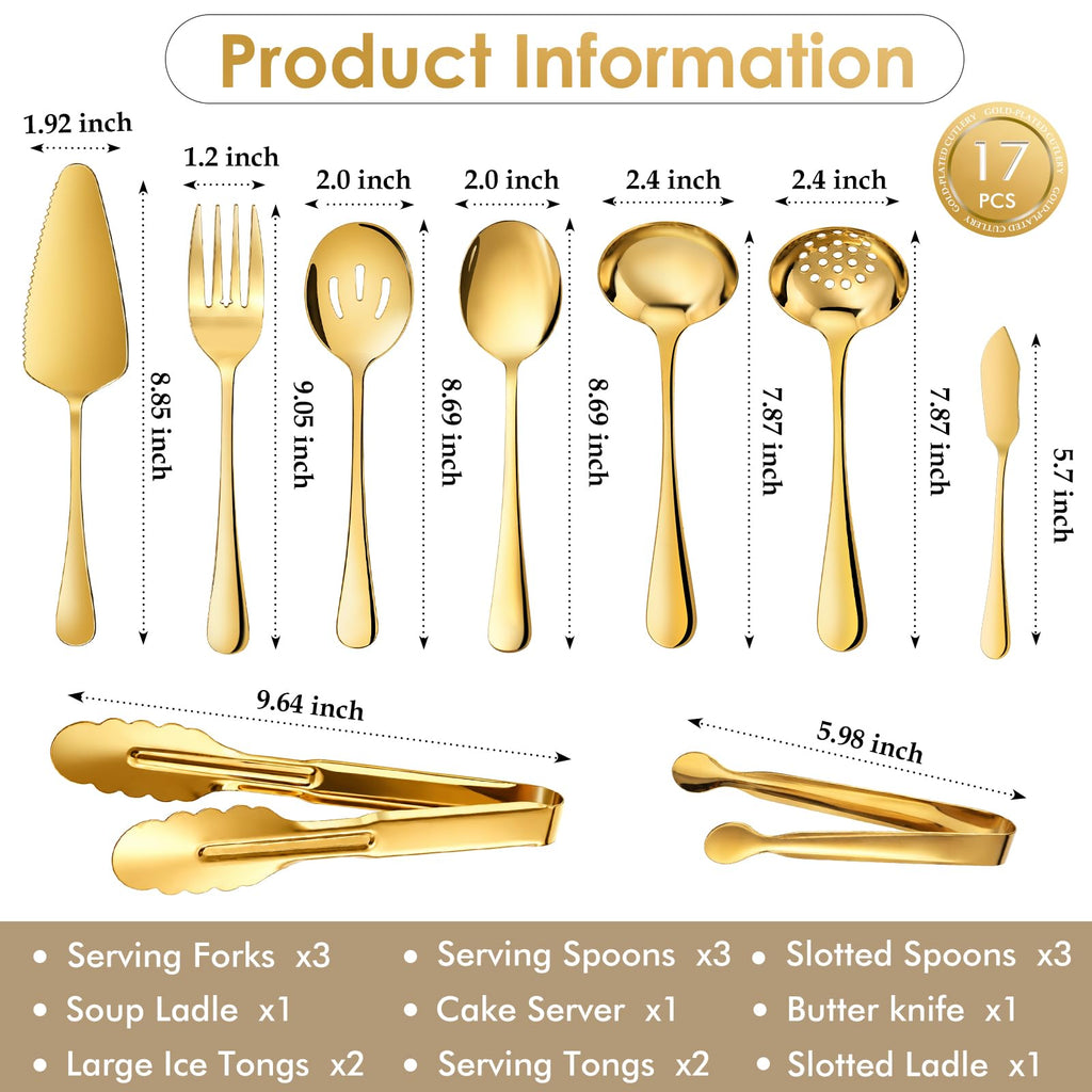 17Pc Gold Serving Utensils, Stainless Steel Heavy Duty Serving Set