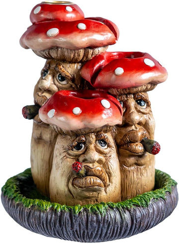 Whimsical Toadstool Mushroom Backflow Incense Burner with Faces, Red and White Polka Dot Design, Garden Gnome Style