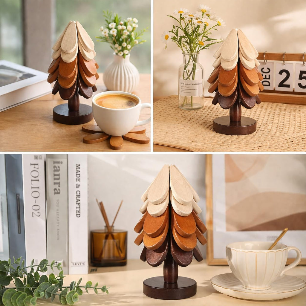 Wooden Trivets for Hot Dishes, Trivet Tree Christmas Tree Trivet Coasters for Hot Pot Pans Bowls Drinks - Set of 5