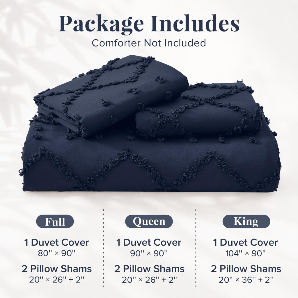 Boho Duvet Cover Set, Tufted Embroidery Bedding, 3 PCS, Navy Blue