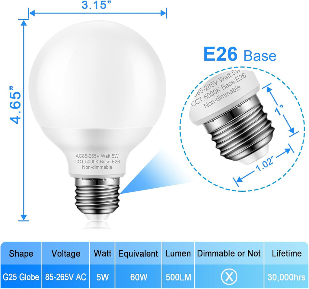 Bathroom Vanity Light Bulbs, 60W Equivalent, E26 Base, Daylight