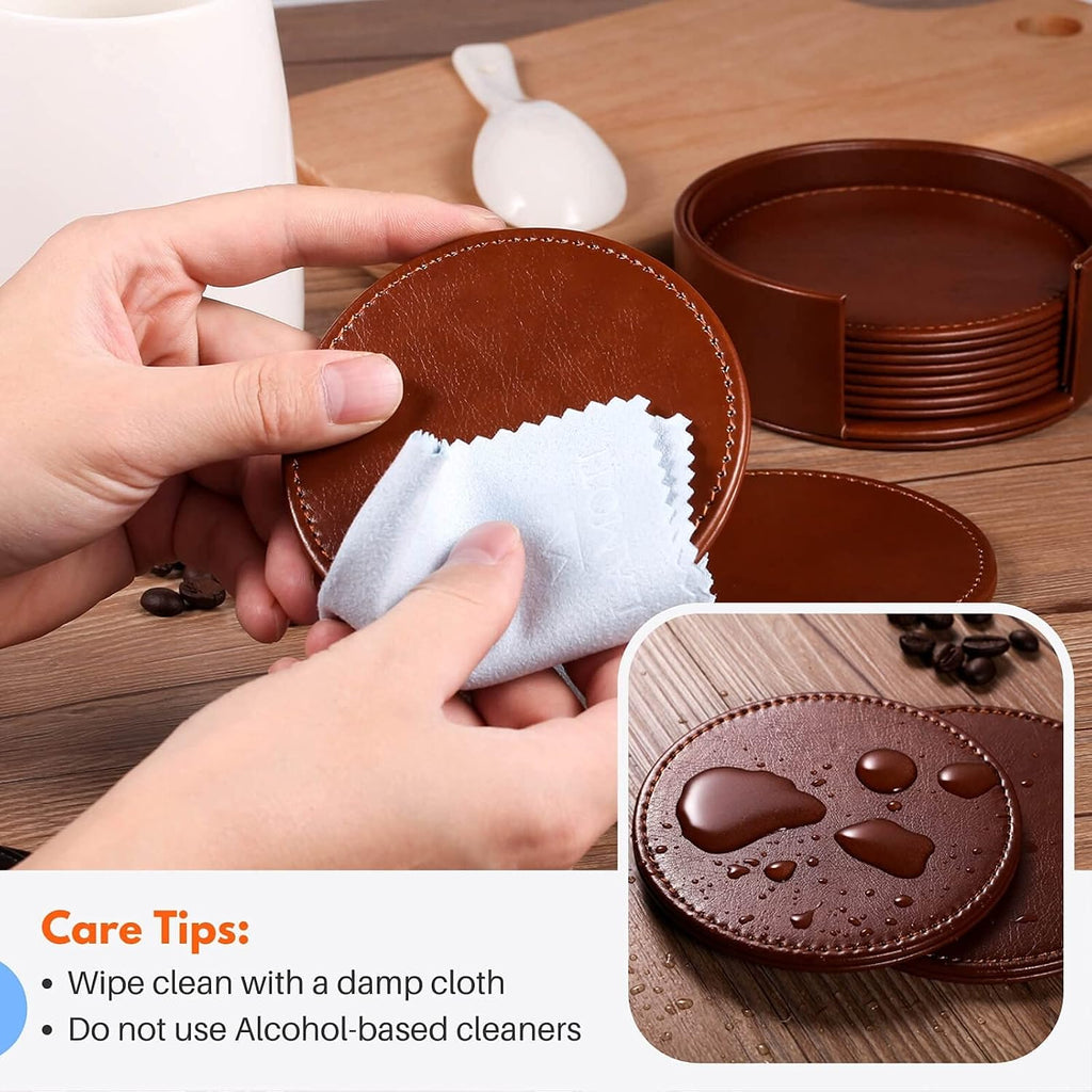 Leather Coasters for Drinks, 4" Drink Coasters with Holder for Tabletop Protection, Handmade Luxurious Home - Set of 6
