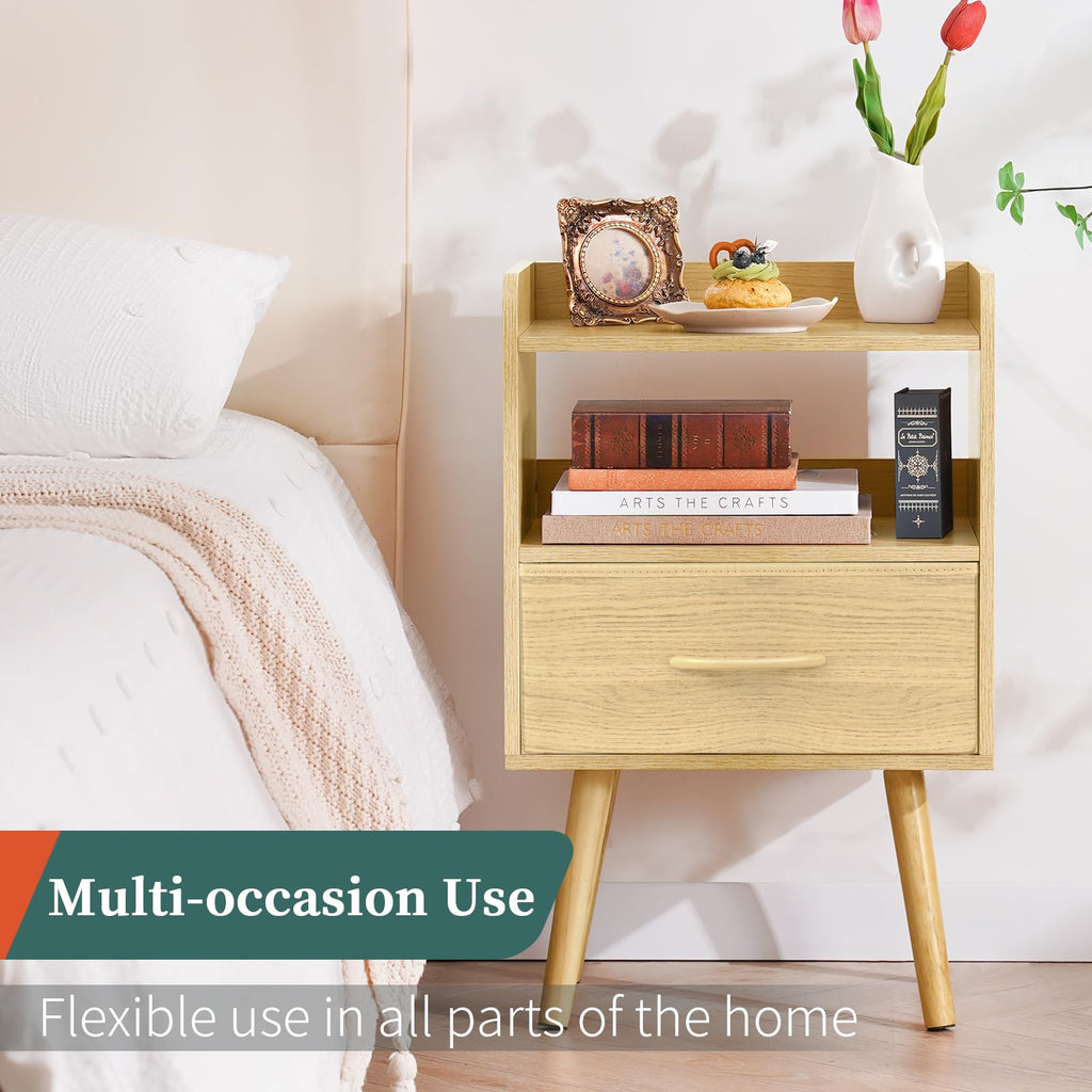 Modern Nightstand with Fabric Drawer, Bedside Tables, Mid Century Nightstand with Open Storage Shelf, Wood Bedside