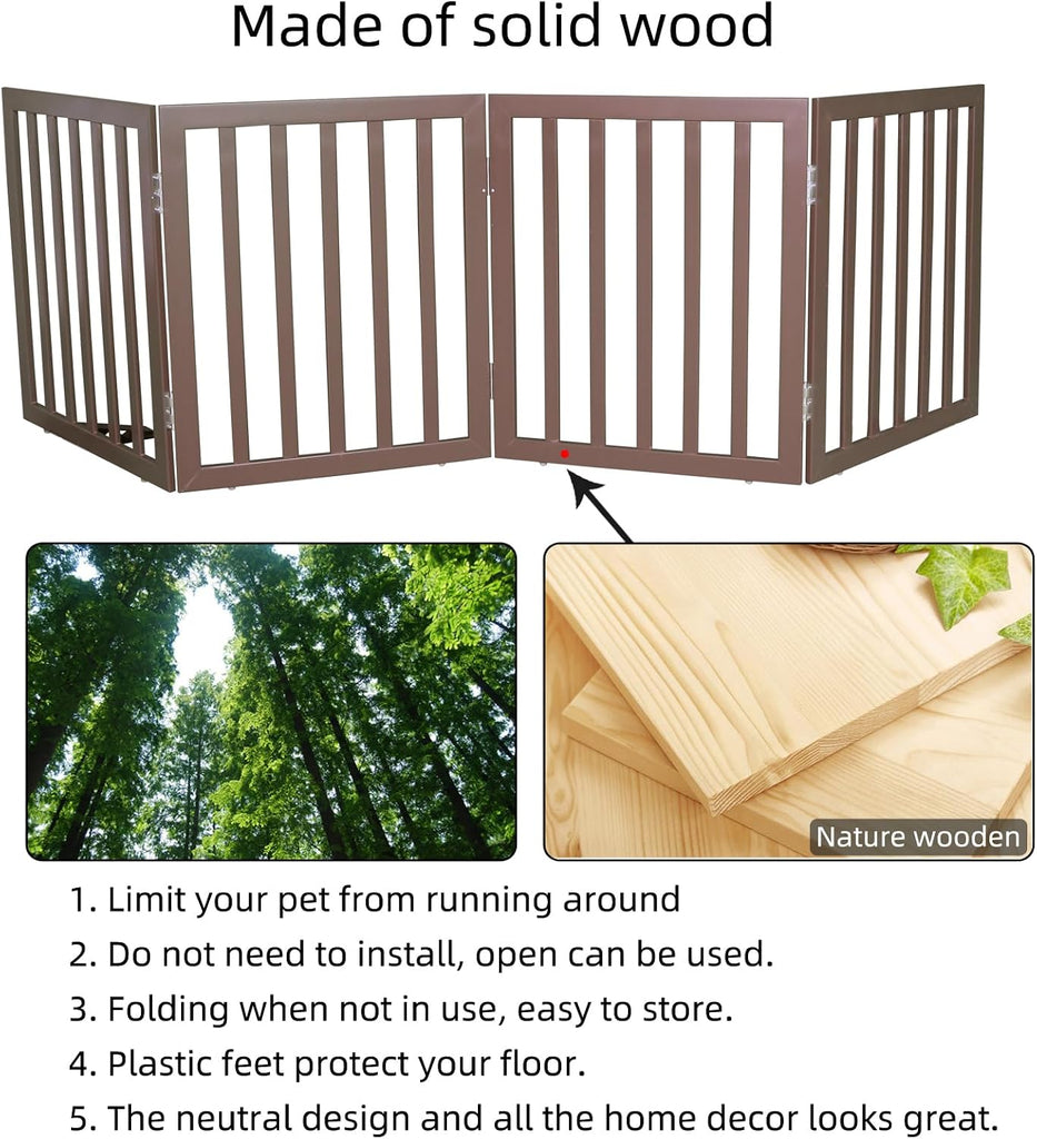Freestanding Indoor Dog Gate Foldable Wood Brown Puppy Gate for Doorways Pet Gate for Stairs Extra Wide Pet Fence 24"