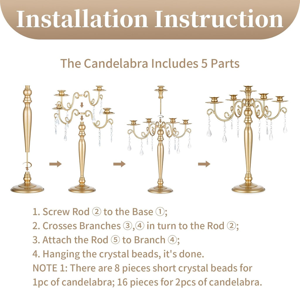 Wedding Candelabra Table Centerpiece: 5 Arm Candelabras for Candlesticks - Gold Candle Holder Set of 2nt