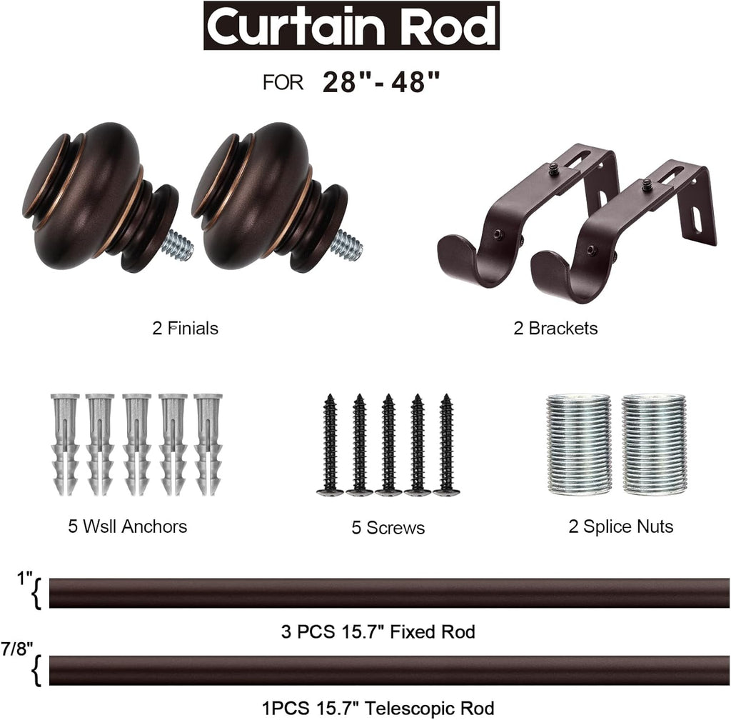 Bronze Curtain Rods for Windows 28 to 48 Inches Adjustable Decorative 1 Inch Diameter Single Window Curtain Rod Set