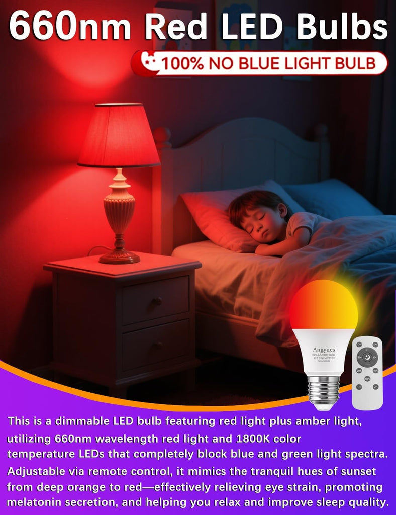Red and Amber Sleep Bulb with Remote Control Choose 660nm Red Light or 1800K Amberlight,Timer Function, 10W Blue
