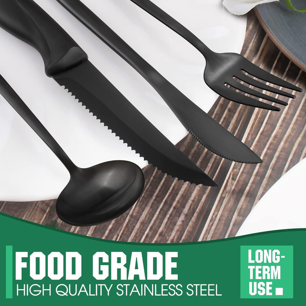 48 Pieces Matte Black Silverware Set with Steak Knives,Satin Finish tableware Cutlery Set,Black Flatware Set