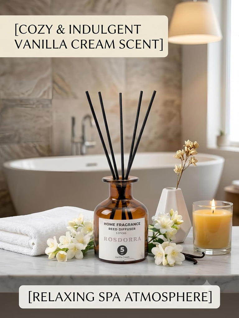 Reed Diffuser Set, 5oz, Vanilla Cream Cozy Scent - Set of 5