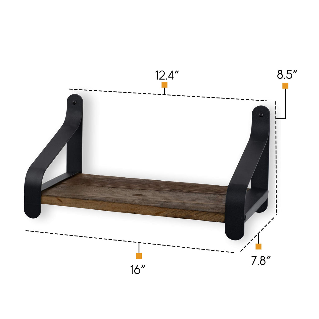 Rustico 16" Floating Wall Bookshelf with Cast Iron Brackets Wall Mounted Reclaimed Solid Wood Floating Industrial