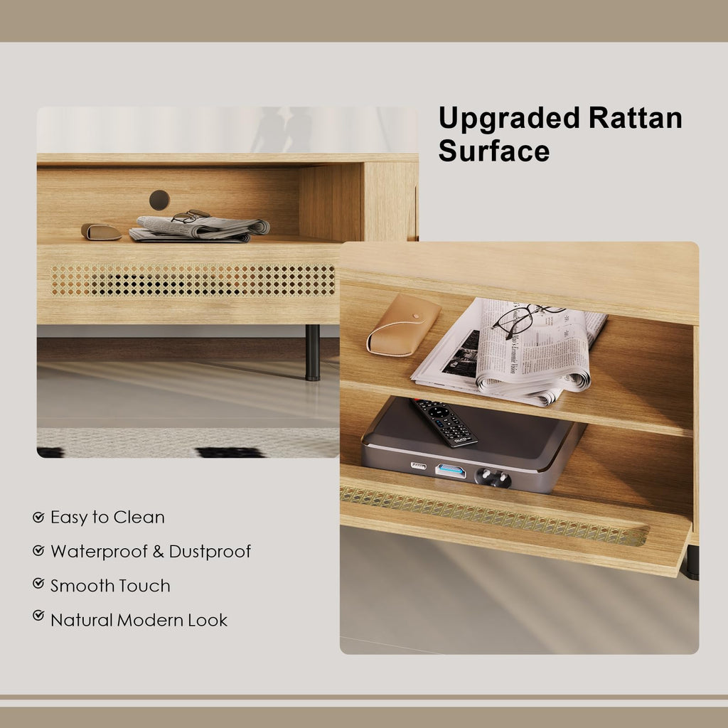 94" Mid Century Modern TV Stand, Wood TV Consoles with Sliding Doors and Rattan Door, Entertainment Center with