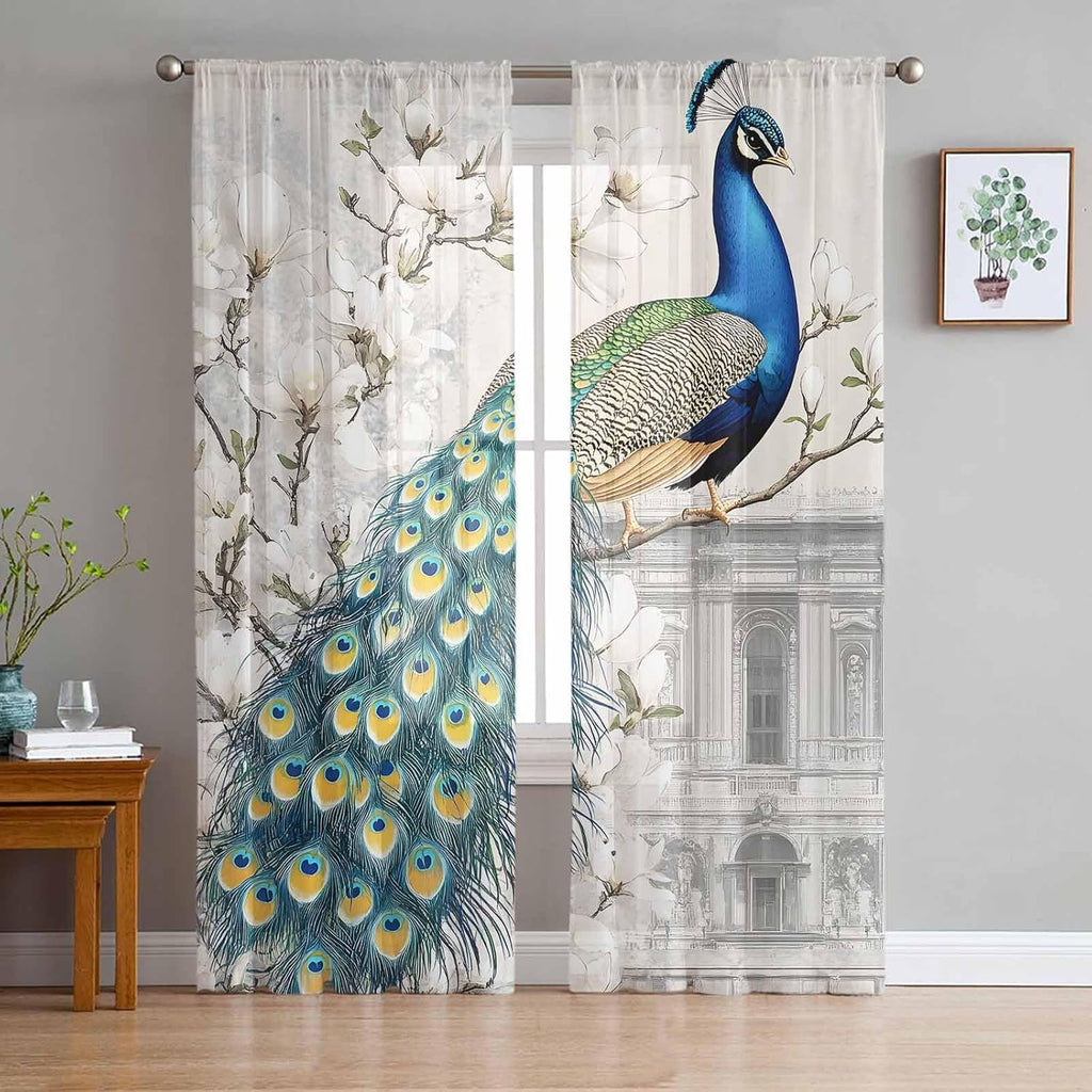 Luxury Peacock Sheer Curtains 96 Inches Long 2 Panels Set, Window Sheer Curtains , Watercolor Vintage Floral Attic