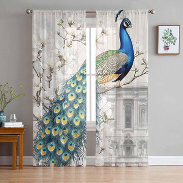 Luxury Peacock Sheer Curtains 96 Inches Long 2 Panels Set, Window Sheer Curtains , Watercolor Vintage Floral Attic