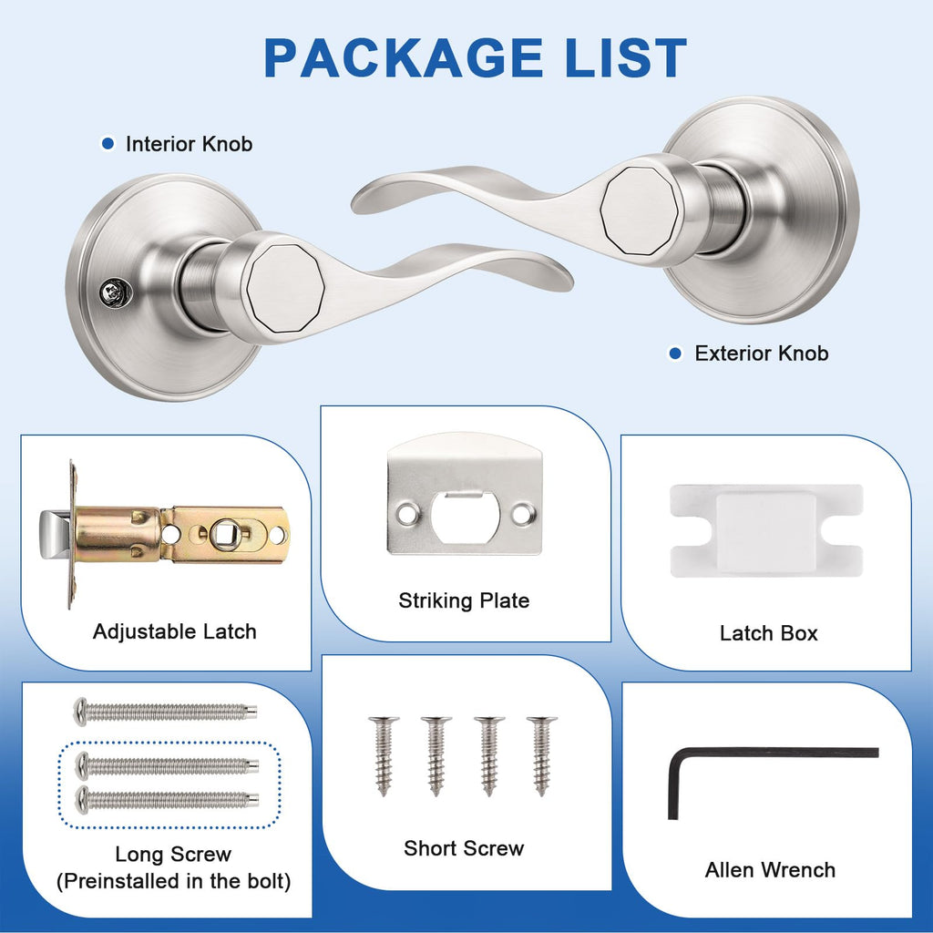 2 Pack Hall or Closet Passage Door Levers Keyless Wave Style Stainless Steel Door Leverset