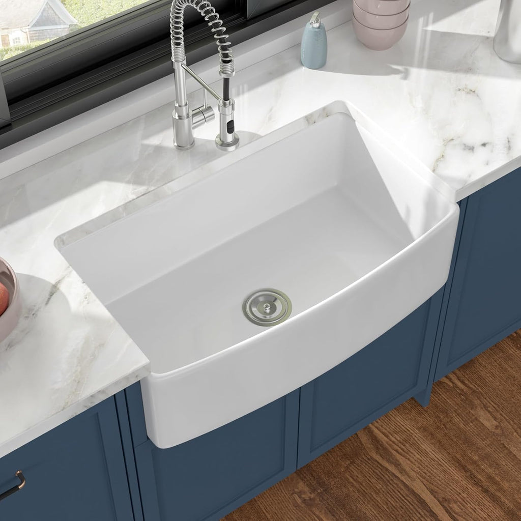 33 Inch Curved Farmhouse Sink, White Fireclay Apron Front Sink, Single Bowl Ceramic Farm Kitchen Sink with Smooth Arc