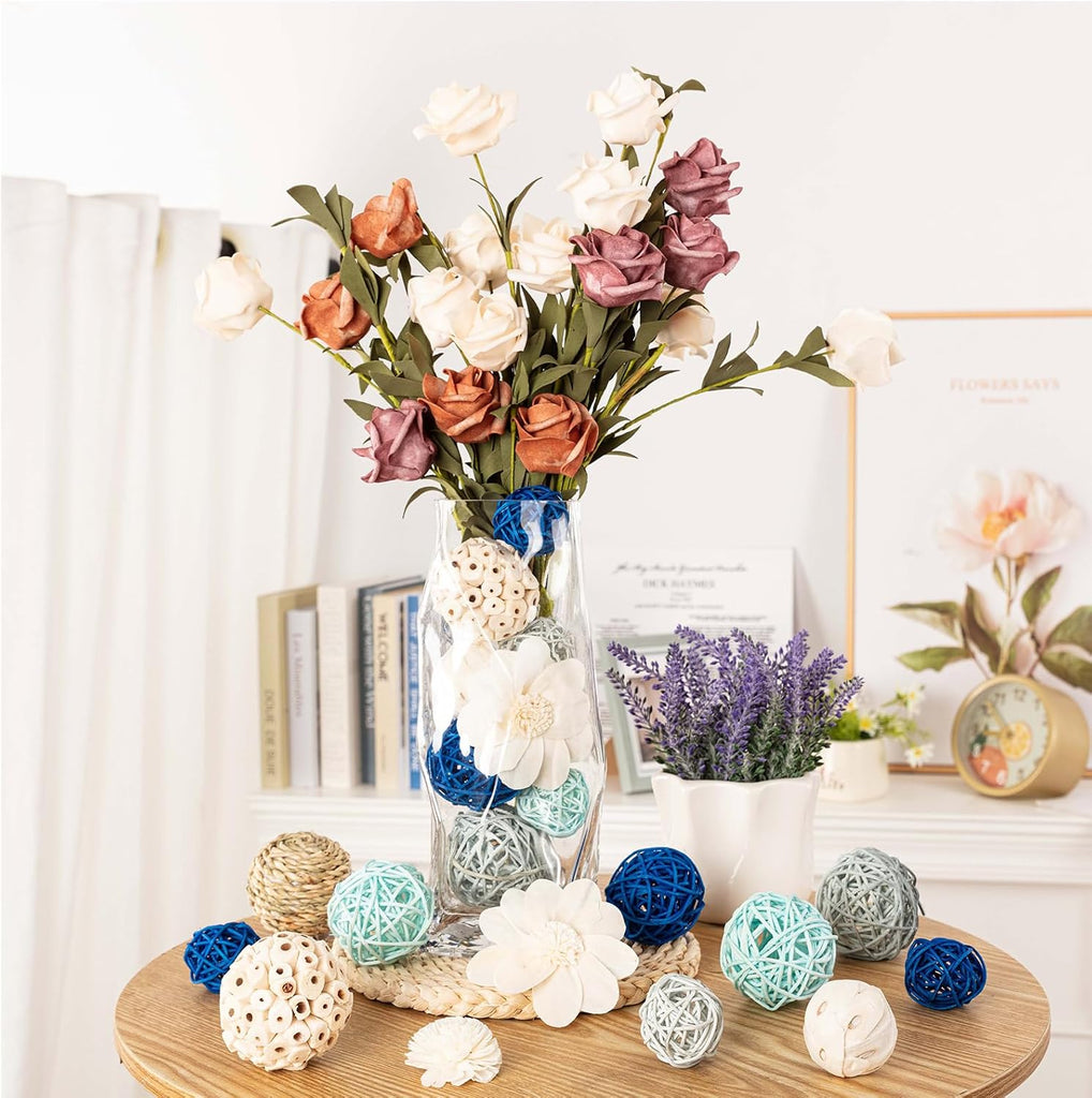 Blue and White Decorative Balls for Potpourri Bowl Filler, Bowl Filler for Table Centerpiece Home Decor, Woven - Set of 15