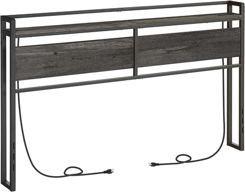 King Headboard, Headboard with 2 Outlets and 4 USB Ports, Adjustable Height, Storage Rack, Sturdy and Stable