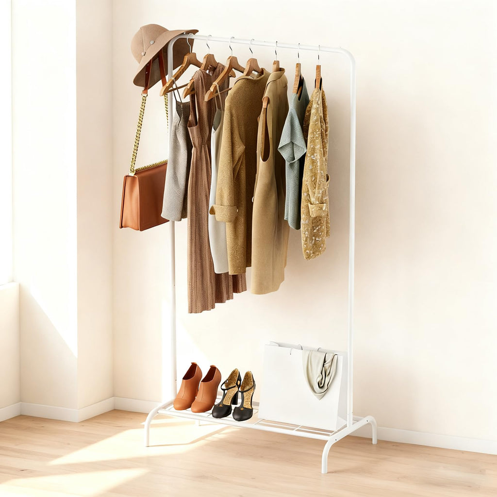 Small White Clothing Rack, Freestanding Metal Garment Rack with Bottom Shelf, Stable Clothes Rack for Small Spaces
