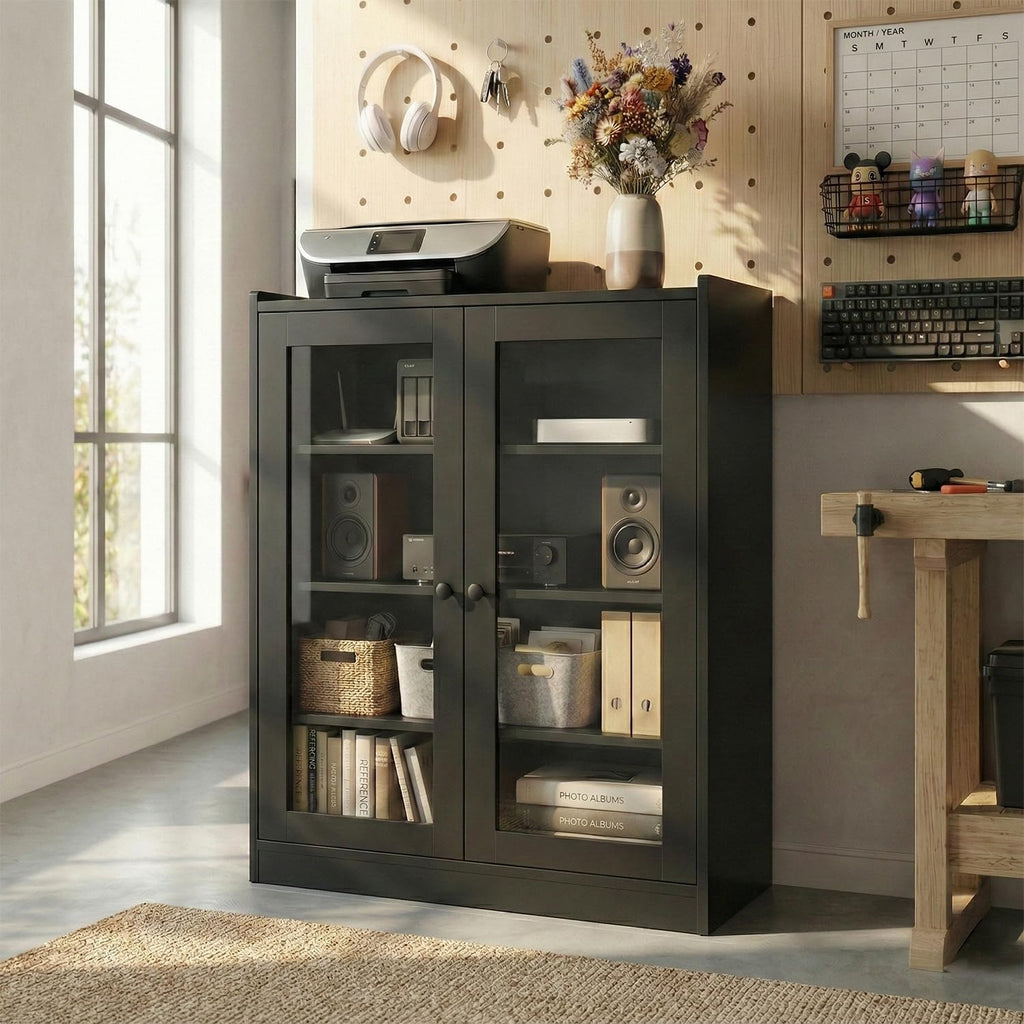 Audio Stereo Cabinet with Glass Doors, 35.4" Tall AV Component Media Stand, Record Player Stand with Adjustable