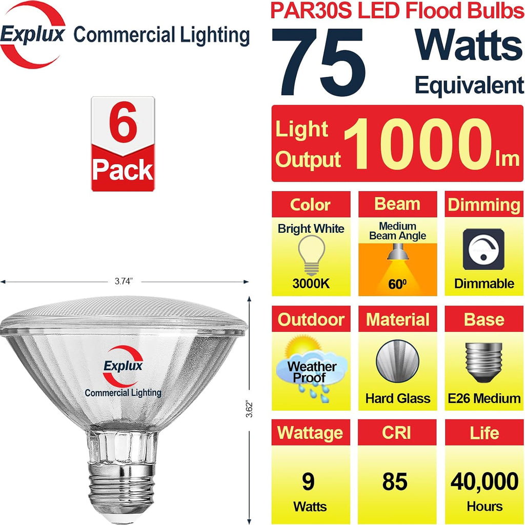 Full Glass PAR30 Short Neck LED Bulb, 75W Eq., BrightWhite3000K 6-Pk
