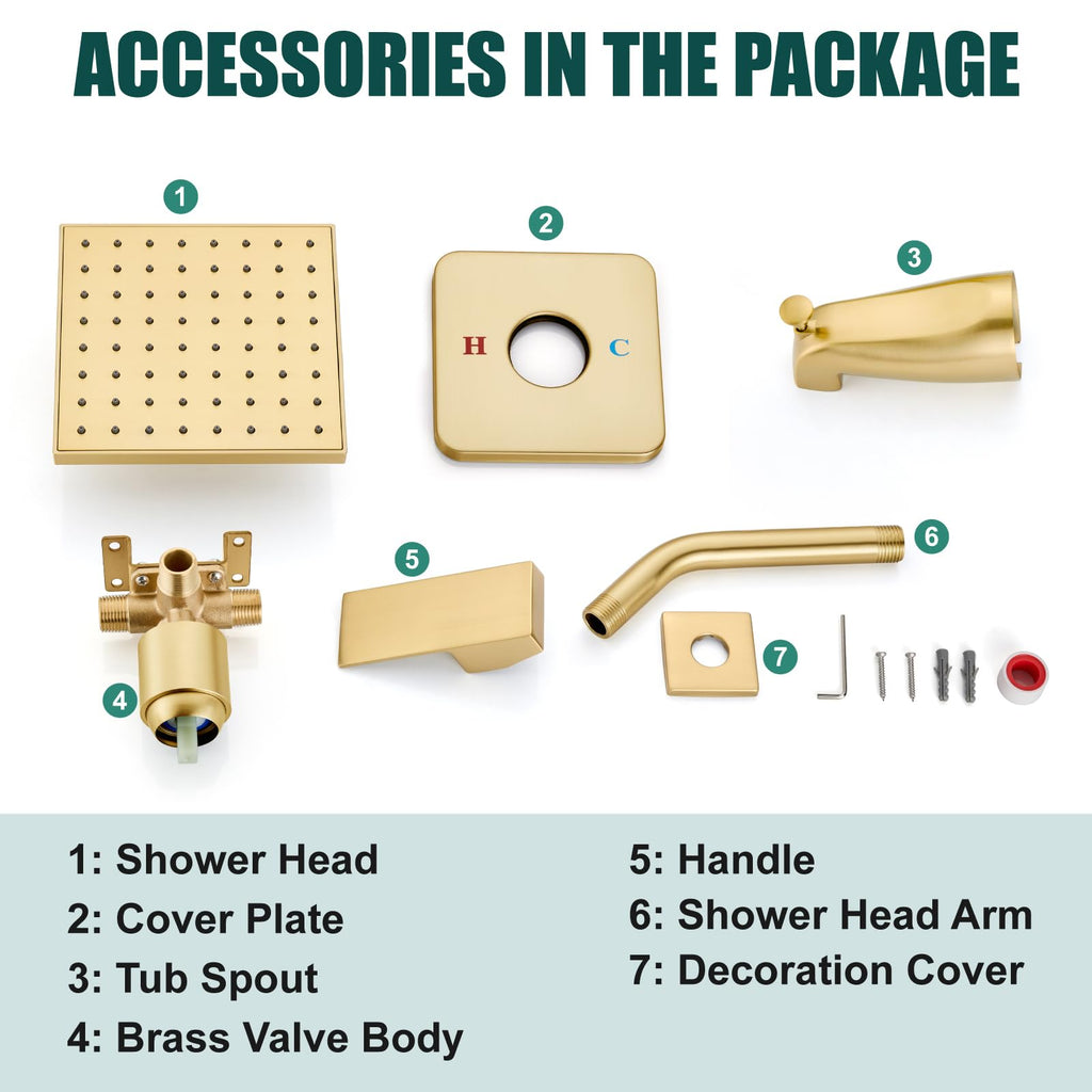 6 Inch Shower Faucet Set with Tub Spout and Valve, Brushed Gold