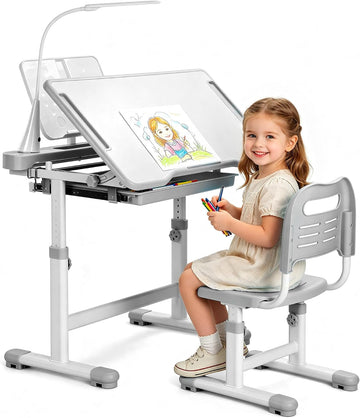 Kids Desk and Chair Set, Height Adjustable Children School Functional Study Desk with 55° Tiltable Desktop, 3 Modes &
