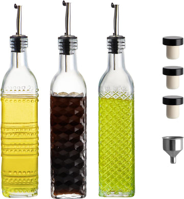 Oil and Vinegar Dispenser Set, 17oz Clear Glass Olive Oil Bottles, Kitchen Vinegar Decanters with 3 Spouts, 3 Plugs - Set of 3