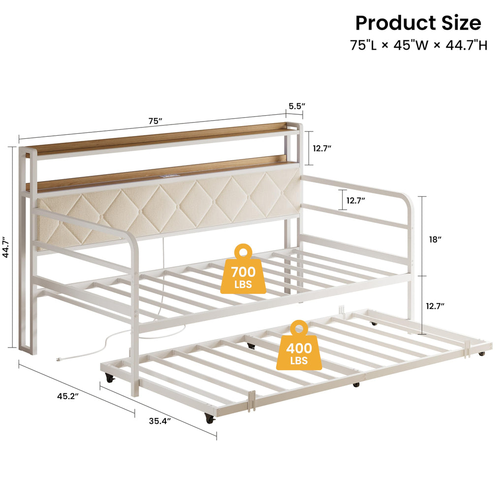 Twin Daybed with Trundle and Charging Station, White