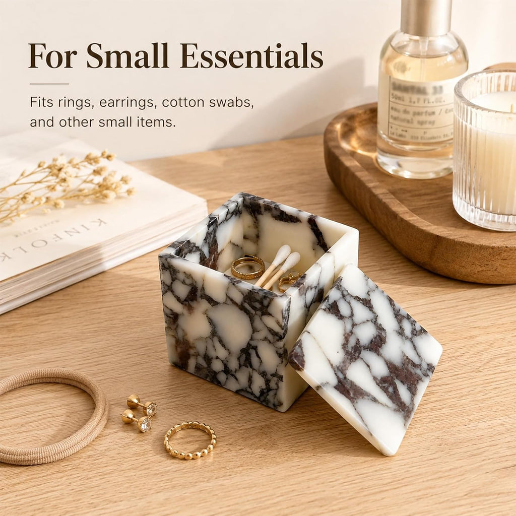 Natural Marble Square Storage Box with Lid, 3.94