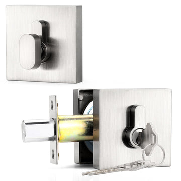 Satin Nickel Single Cylinder Deadbolt, Keyed One Side, Residential Security Square Door Lock for Interior and