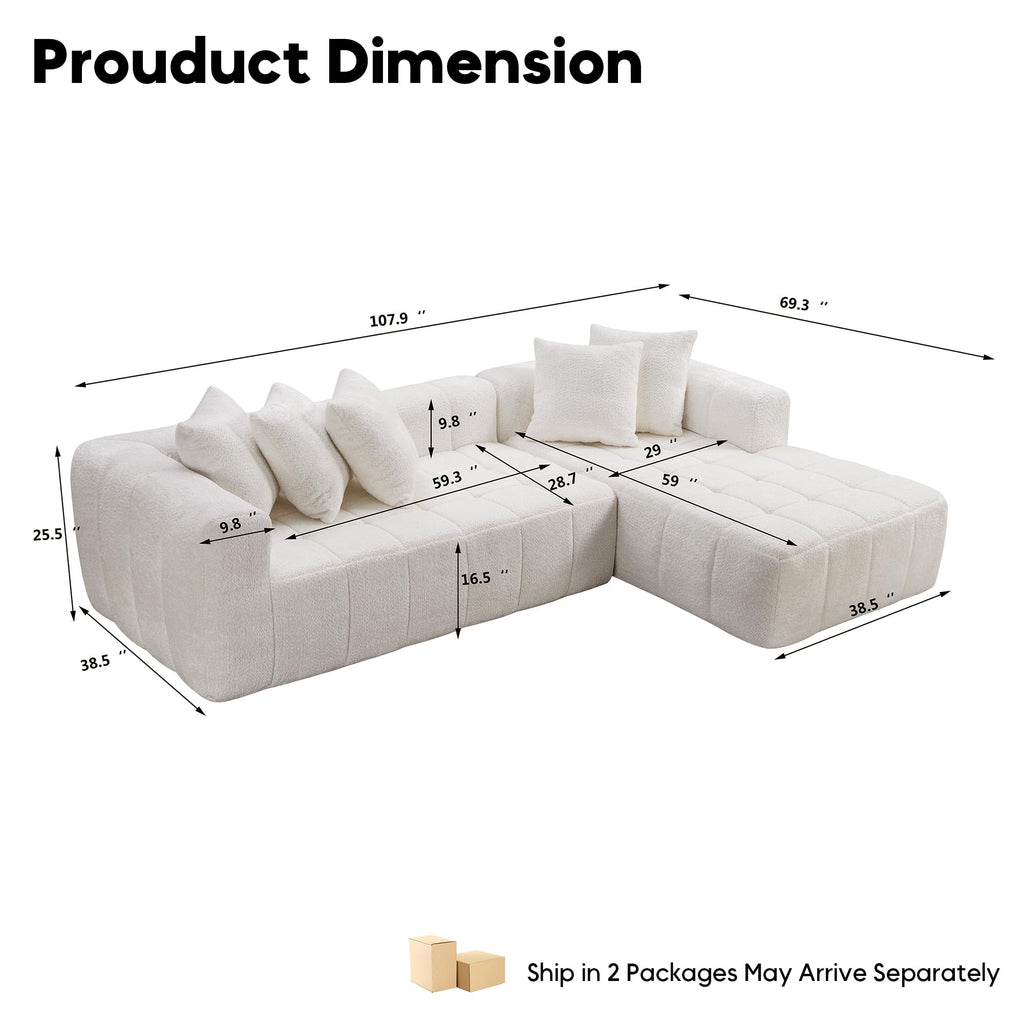 108" Tufted Boucle Cloud Boneless Sectional Sofa, Right Chaise, White