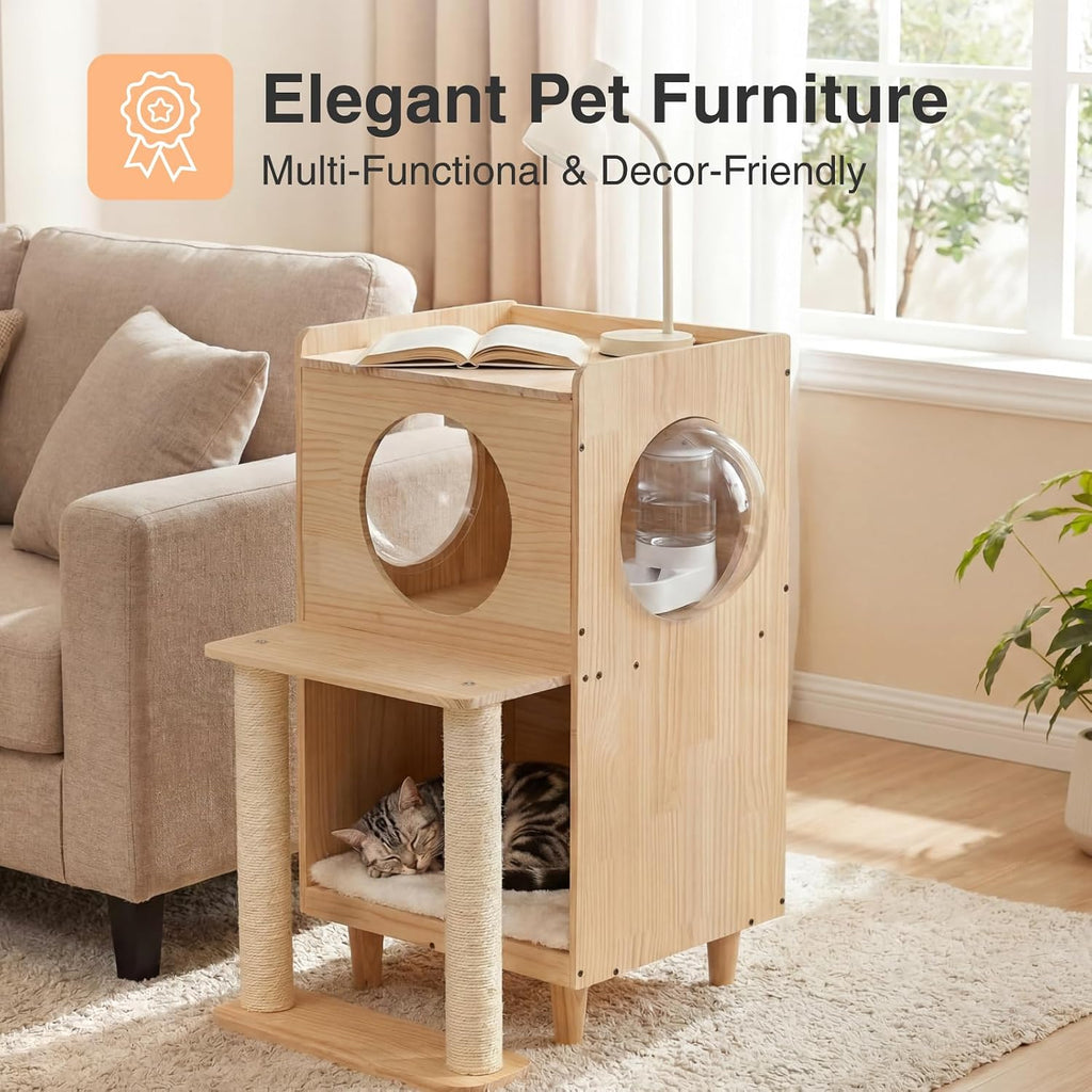 Dog Proof Cat Feeding Station Elevated Food Table with Scratch Posts