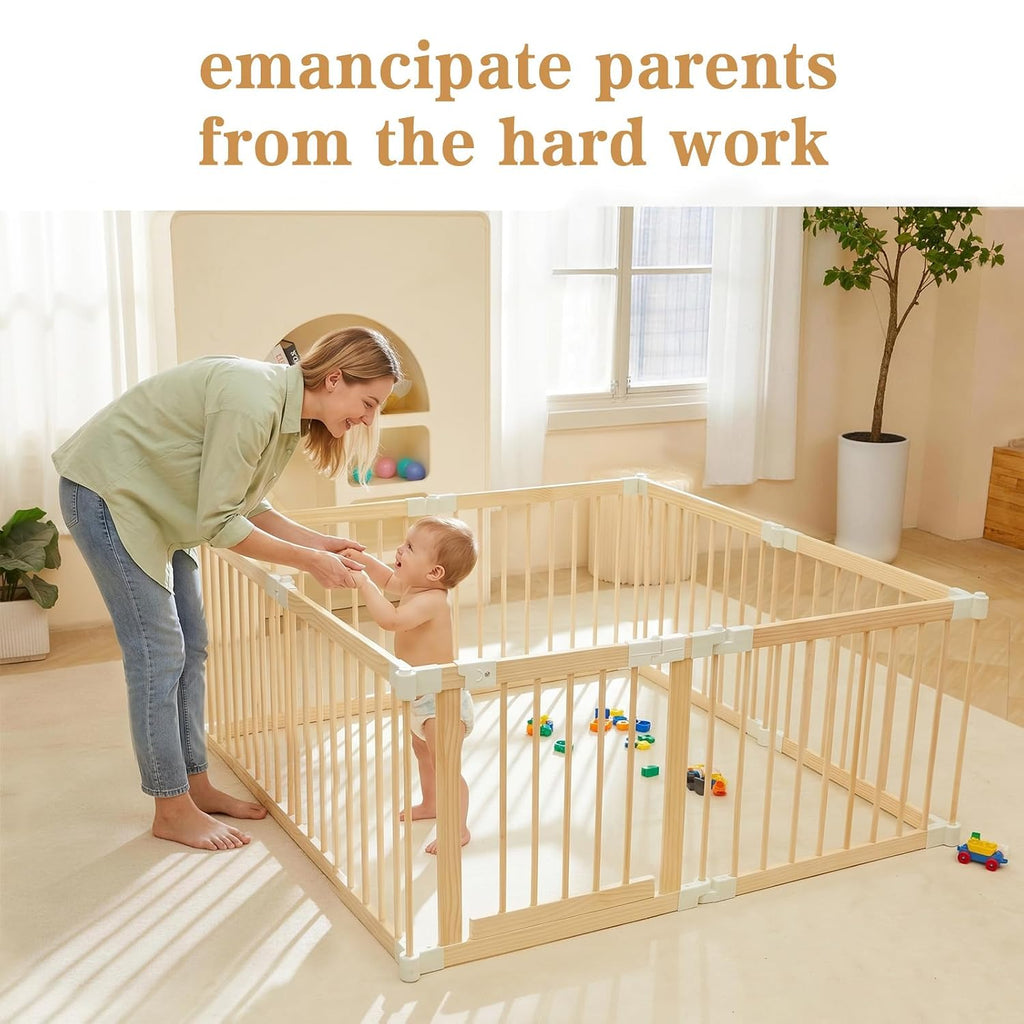 Baby Playpen, Wooden Play Yard with Gate, Playpen for Babies and Toddlers, Baby Activity Center with Child-Proof