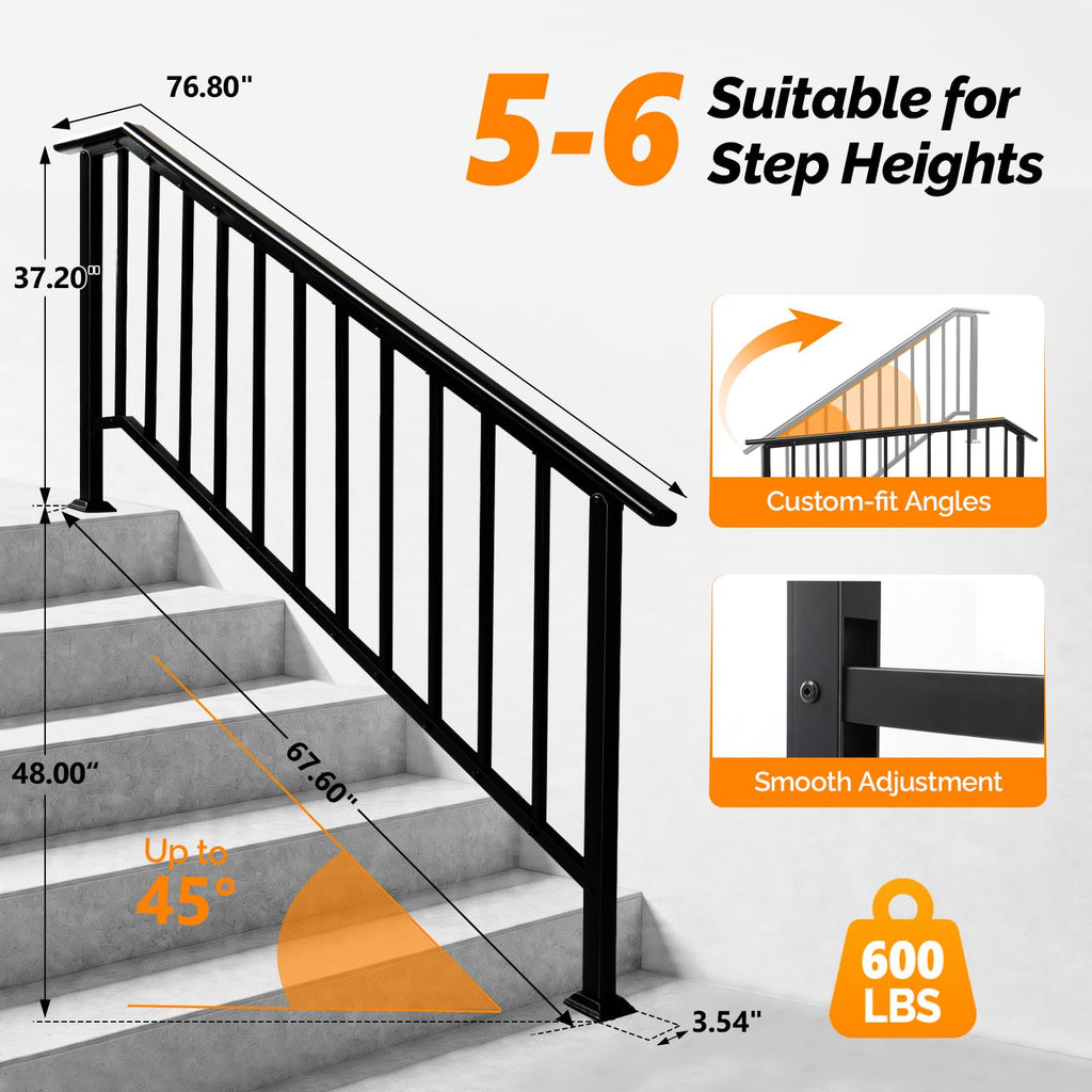 Handrails for Outdoor Steps Fits 5-6 Steps, Stair Handrail with Drainage Holes & Straight Ends, Wrought Iron Hand