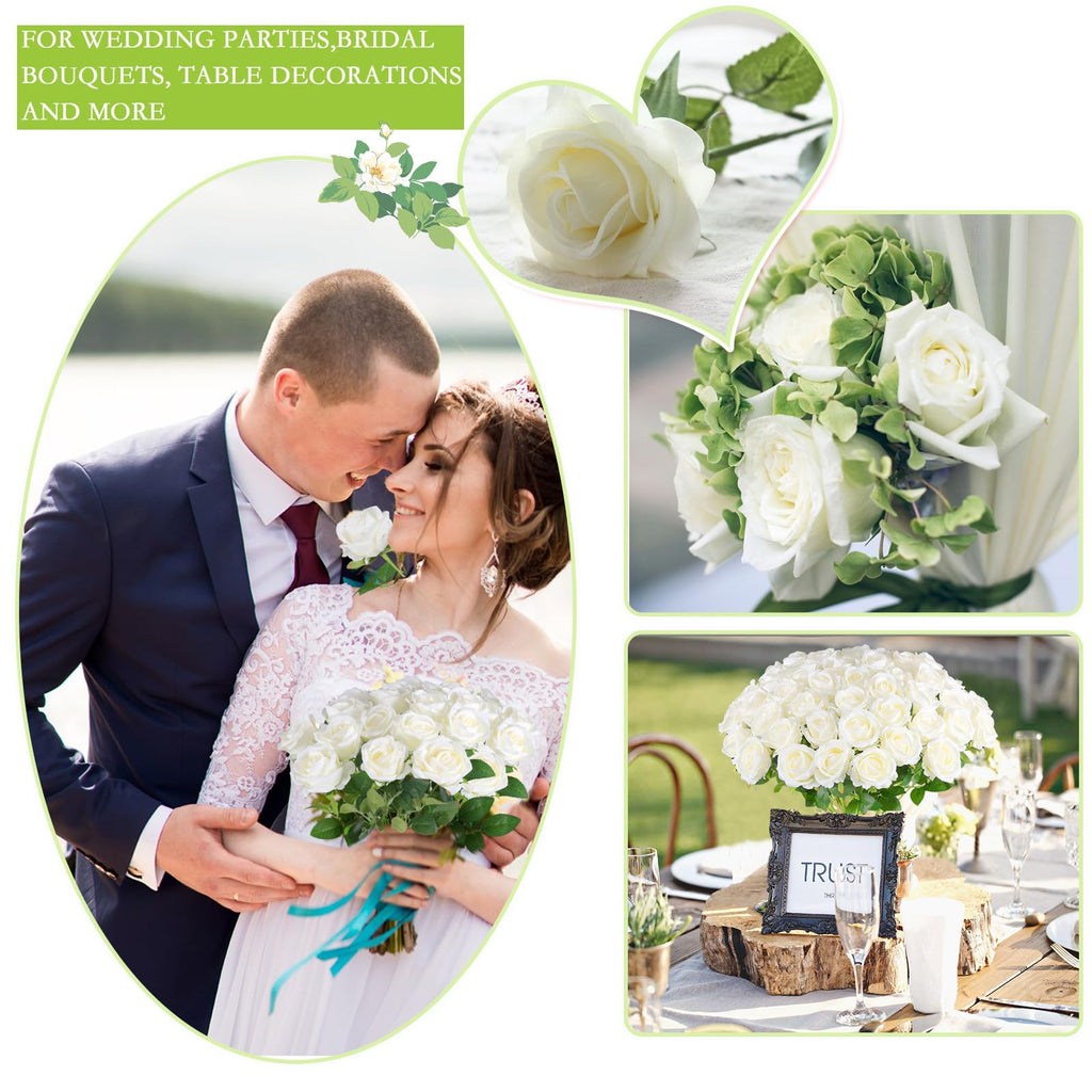 50 Pcs Artificial Roses, Realistic Silk Flowers Bulk, White
